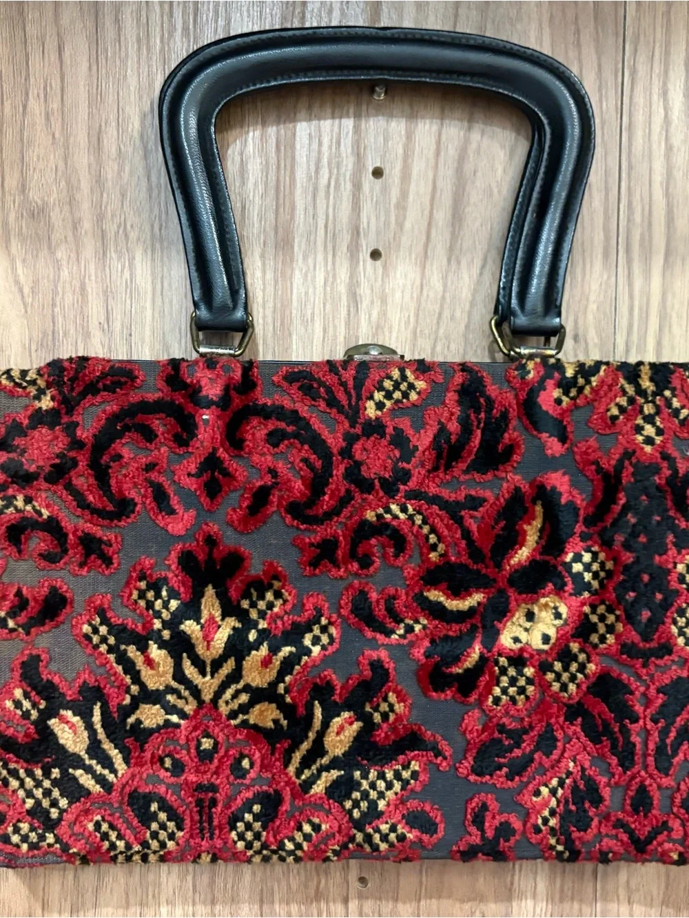 Vintage Red & Black Tapestry Handbag with Gold Accents